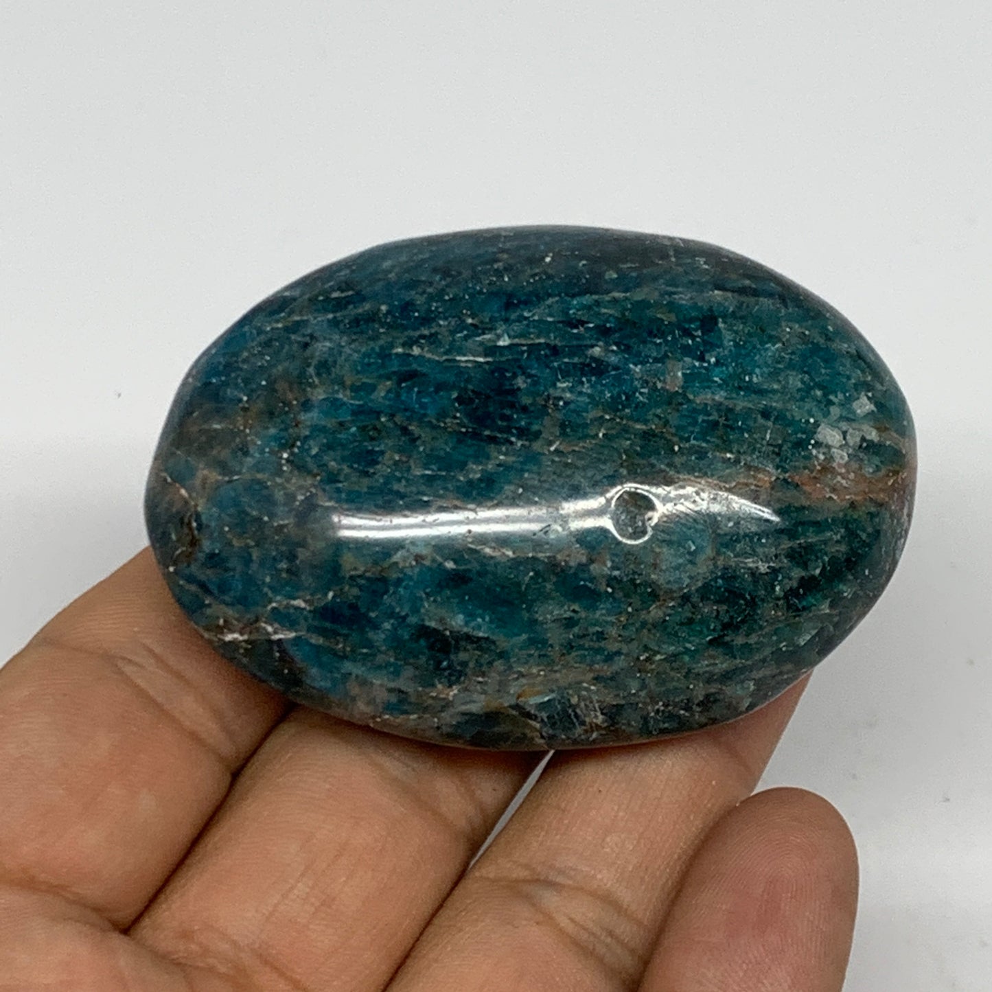 107.1g, 2.4"x1.7"x1", Blue Apatite Palm-Stone Polished from Madagascar, B16402