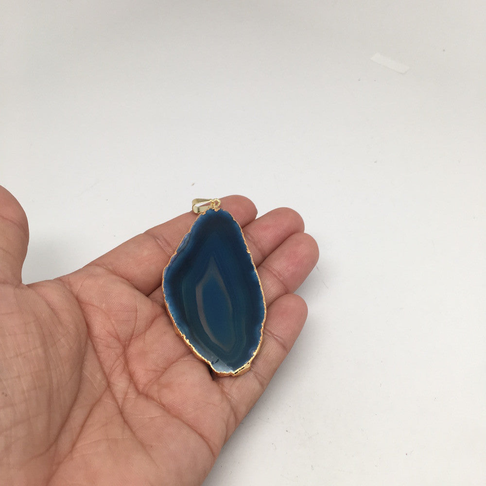 77 cts Blue Agate Slice Electroplated Gold Plated Pendant from Brazil, D74