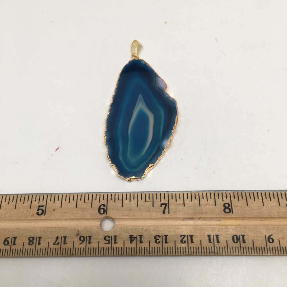 77 cts Blue Agate Slice Electroplated Gold Plated Pendant from Brazil, D74