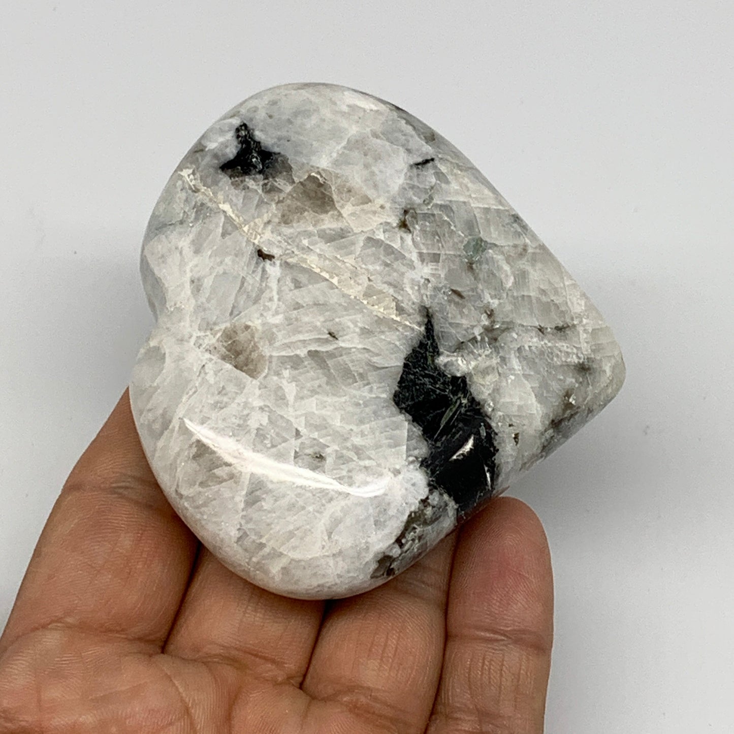 162.5g, 2.7"x3"x0.9", Rainbow Moonstone Heart Crystal Gemstone @India, B26390