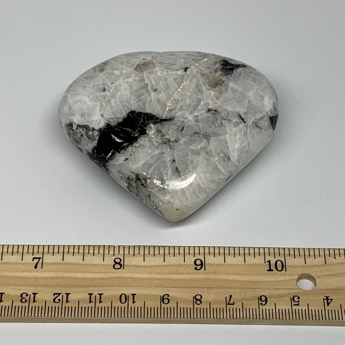 162.5g, 2.7"x3"x0.9", Rainbow Moonstone Heart Crystal Gemstone @India, B26390