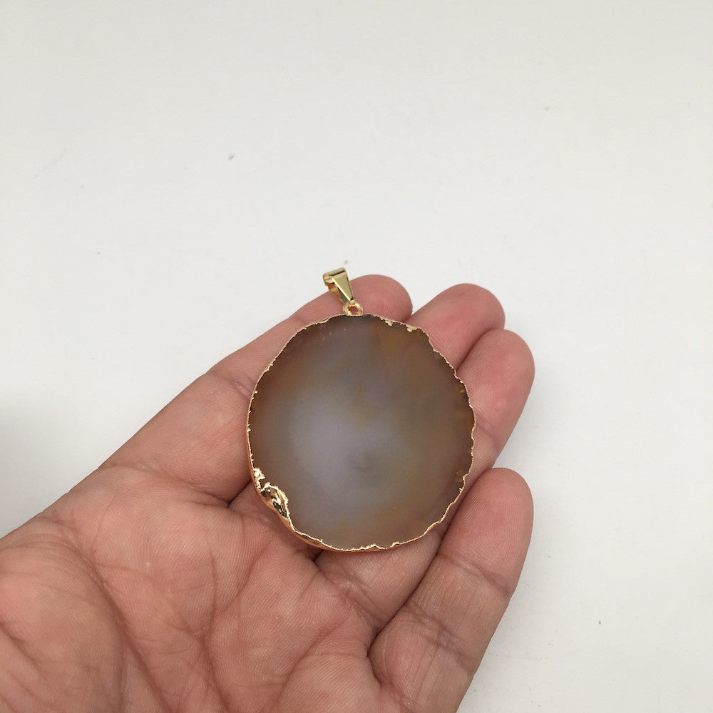 82.5 cts Brown Agate Slice Pendant Electroplated Gold Plated from Brazil,D35