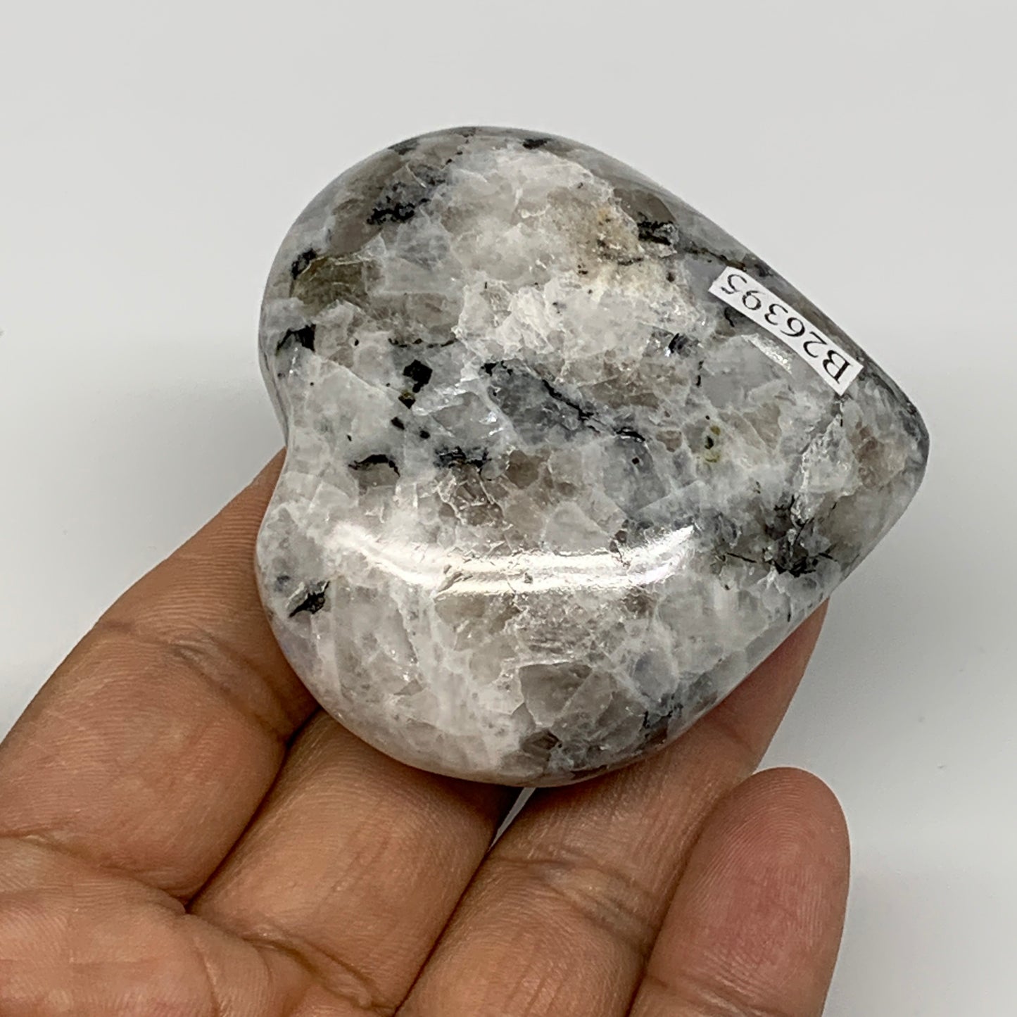 110.3g, 2.3"x2.3"x0.9", Rainbow Moonstone Heart Crystal Gemstone @India, B26395