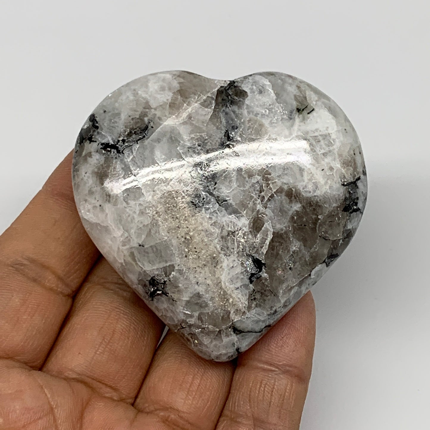 110.3g, 2.3"x2.3"x0.9", Rainbow Moonstone Heart Crystal Gemstone @India, B26395