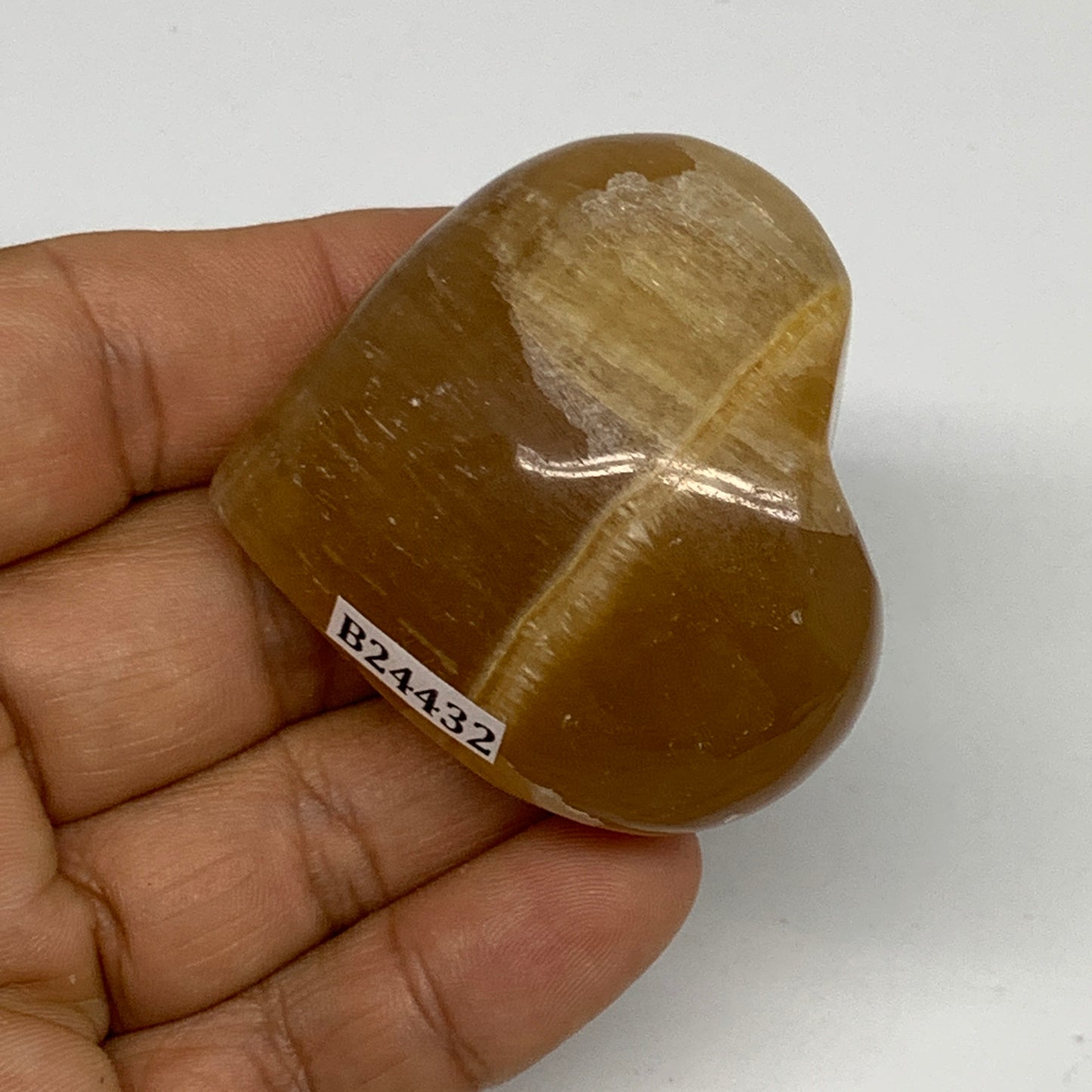 83.4g, 1.8"x1.9"x1" Honey Calcite Heart Gemstones from Pakistan, B24432