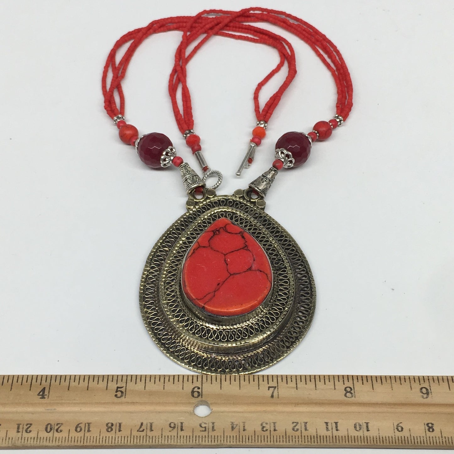 Turkmen Necklace Antique Afghan Tribal Coral Inlay Pendant Beaded Necklace VS51