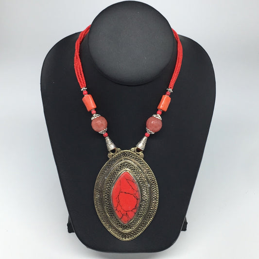 Turkmen Necklace Antique Afghan Tribal Coral Inlay Pendant Beaded Necklace VS56