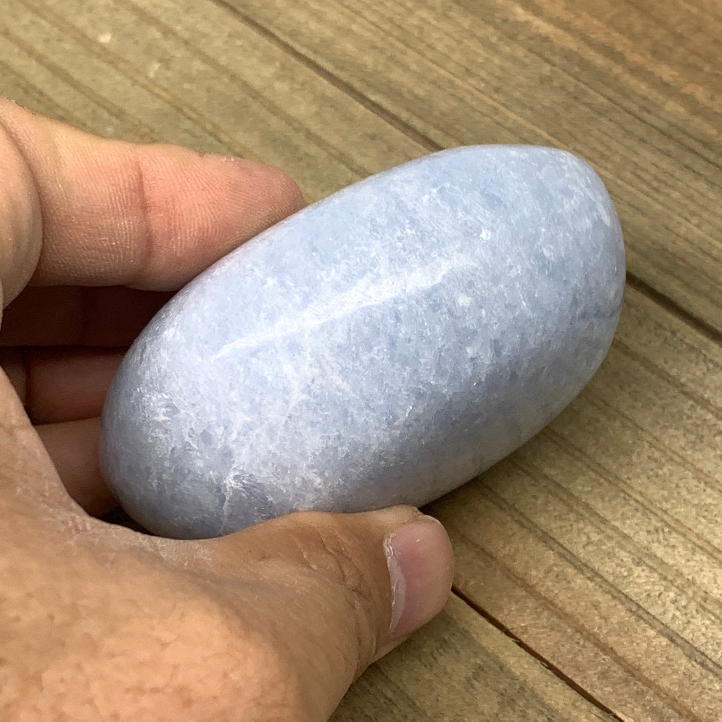 184.5g, 2.7"x2"x1.3" Blue Calcite Palm-Stone Tumbled Reiki @Madagascar, B1960