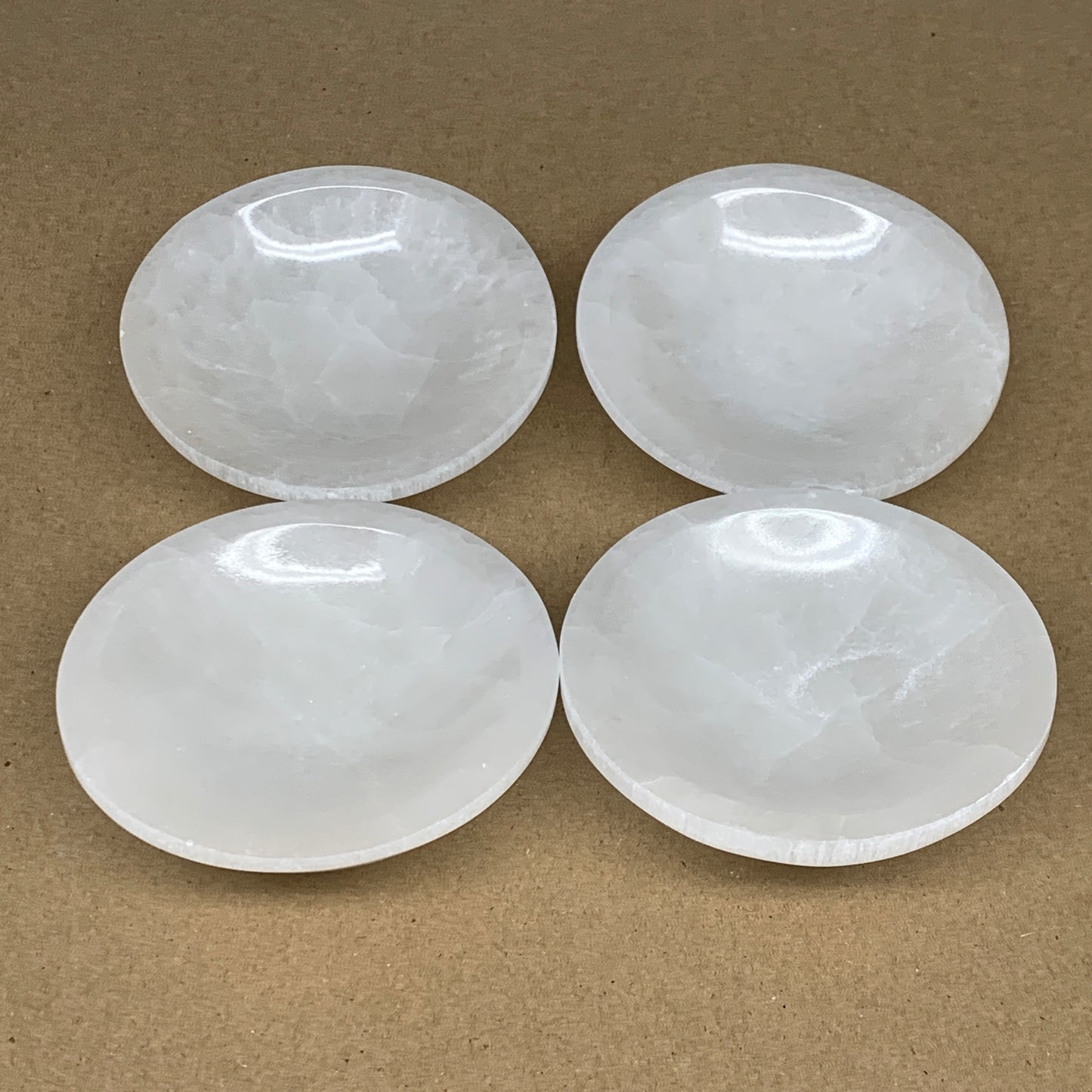 4pcs, 1090g, 3.9"-4" Natural Round Selenite Bowls Crystals from Morocco, B9194