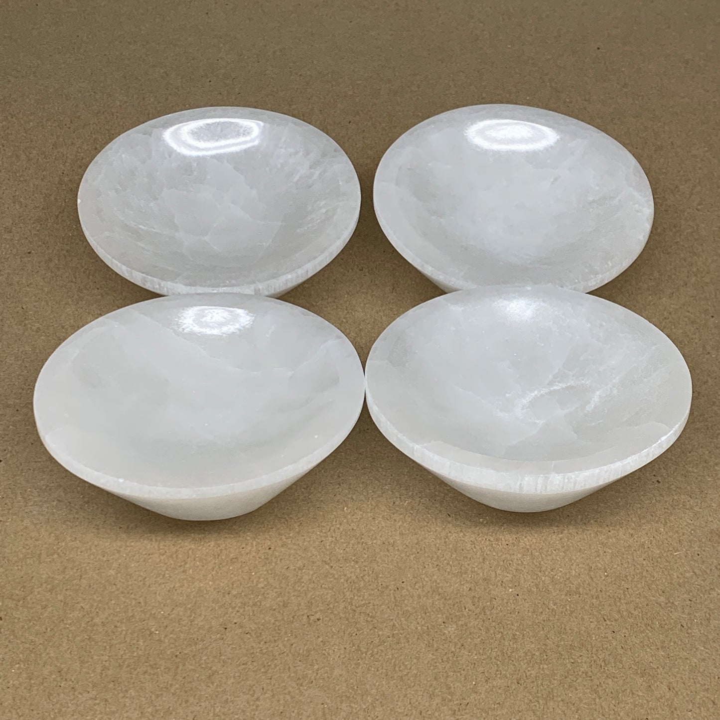 4pcs, 1090g, 3.9"-4" Natural Round Selenite Bowls Crystals from Morocco, B9194