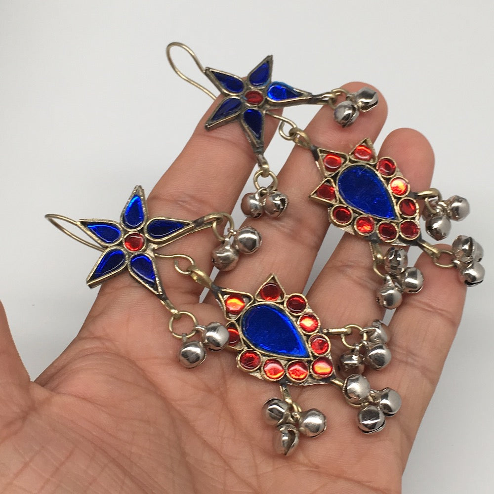 Kuchi Earring Afghan Tribal Blue, Red Glass Jingle Bells ATS Star Earring KE205 - watangem.com