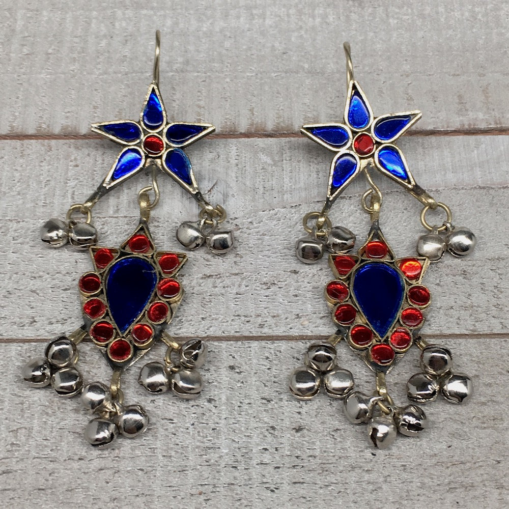 Kuchi Earring Afghan Tribal Blue, Red Glass Jingle Bells ATS Star Earring KE205 - watangem.com