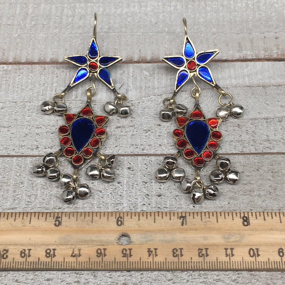 Kuchi Earring Afghan Tribal Blue, Red Glass Jingle Bells ATS Star Earring KE205 - watangem.com