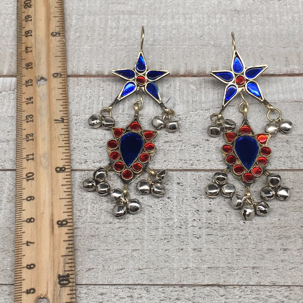 Kuchi Earring Afghan Tribal Blue, Red Glass Jingle Bells ATS Star Earring KE205 - watangem.com