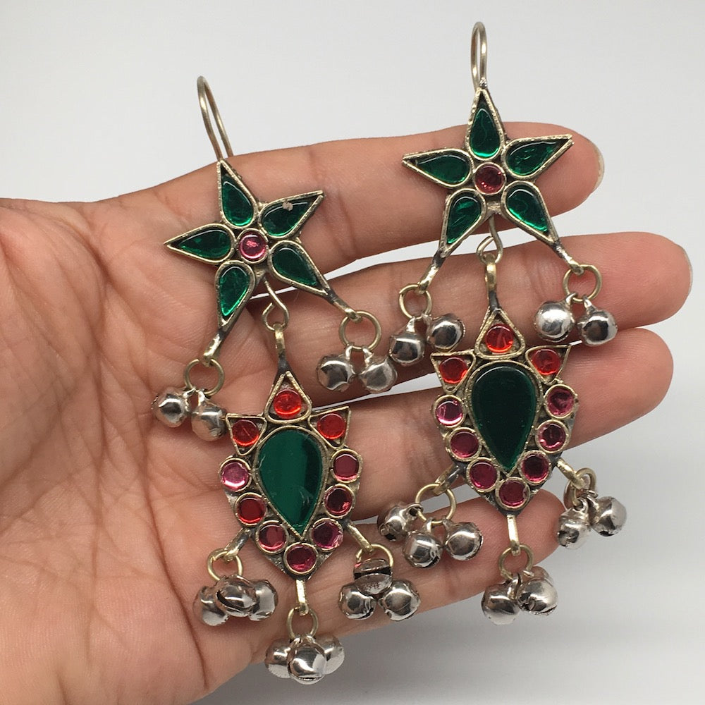 Kuchi Earring Afghan Tribal Green, Red Glass Jingle Bells Star Earring KE207 - watangem.com