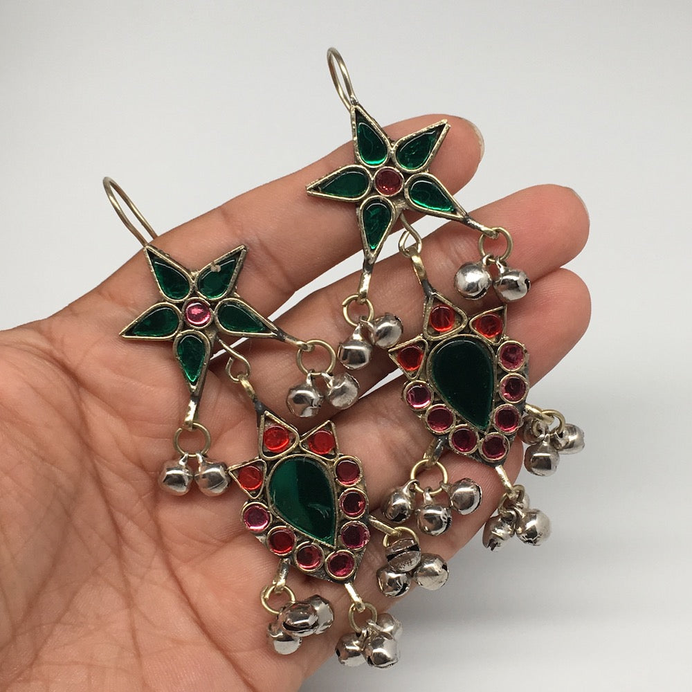 Kuchi Earring Afghan Tribal Green, Red Glass Jingle Bells Star Earring KE207 - watangem.com