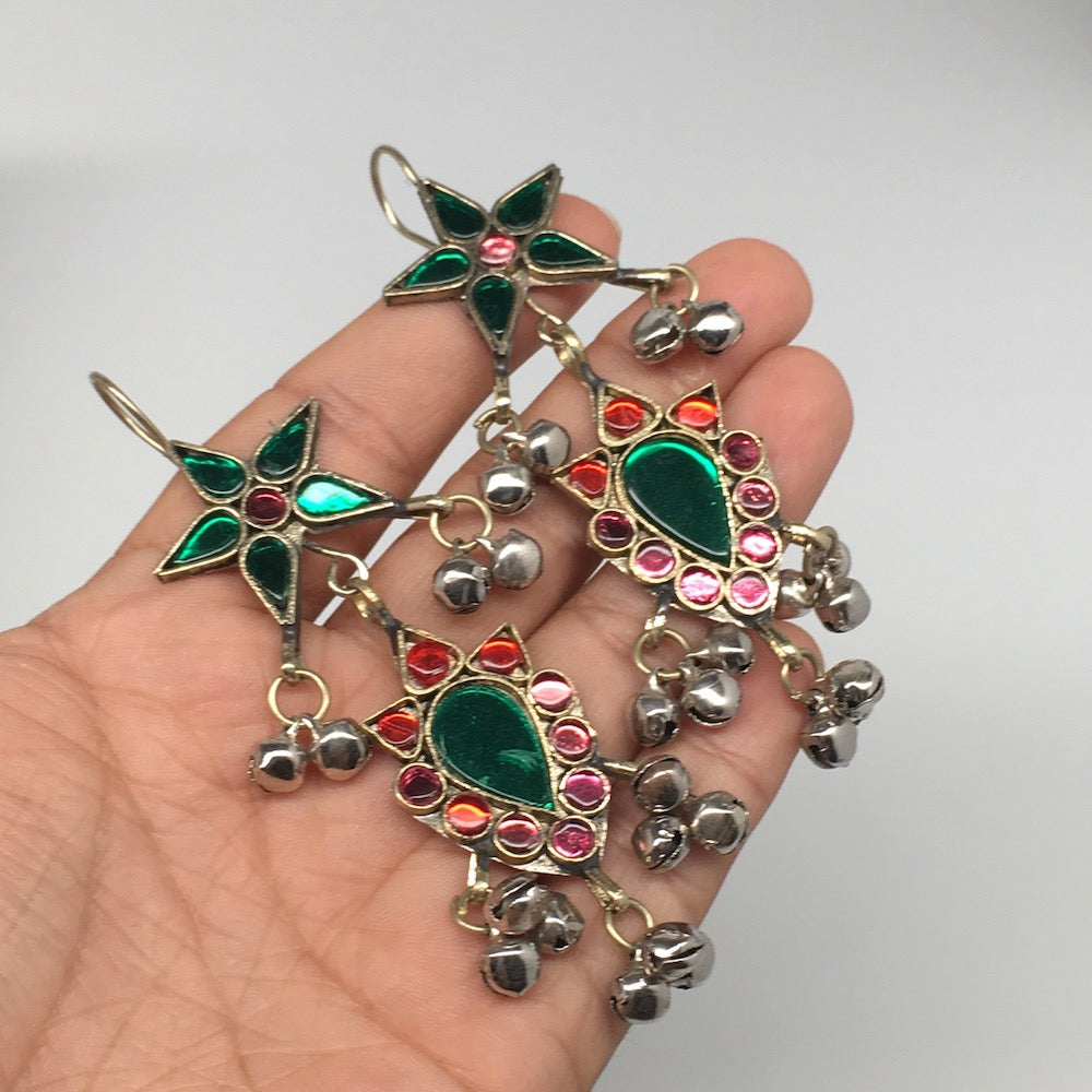 Kuchi Earring Afghan Tribal Green, Red Glass Jingle Bells Star Earring KE207 - watangem.com