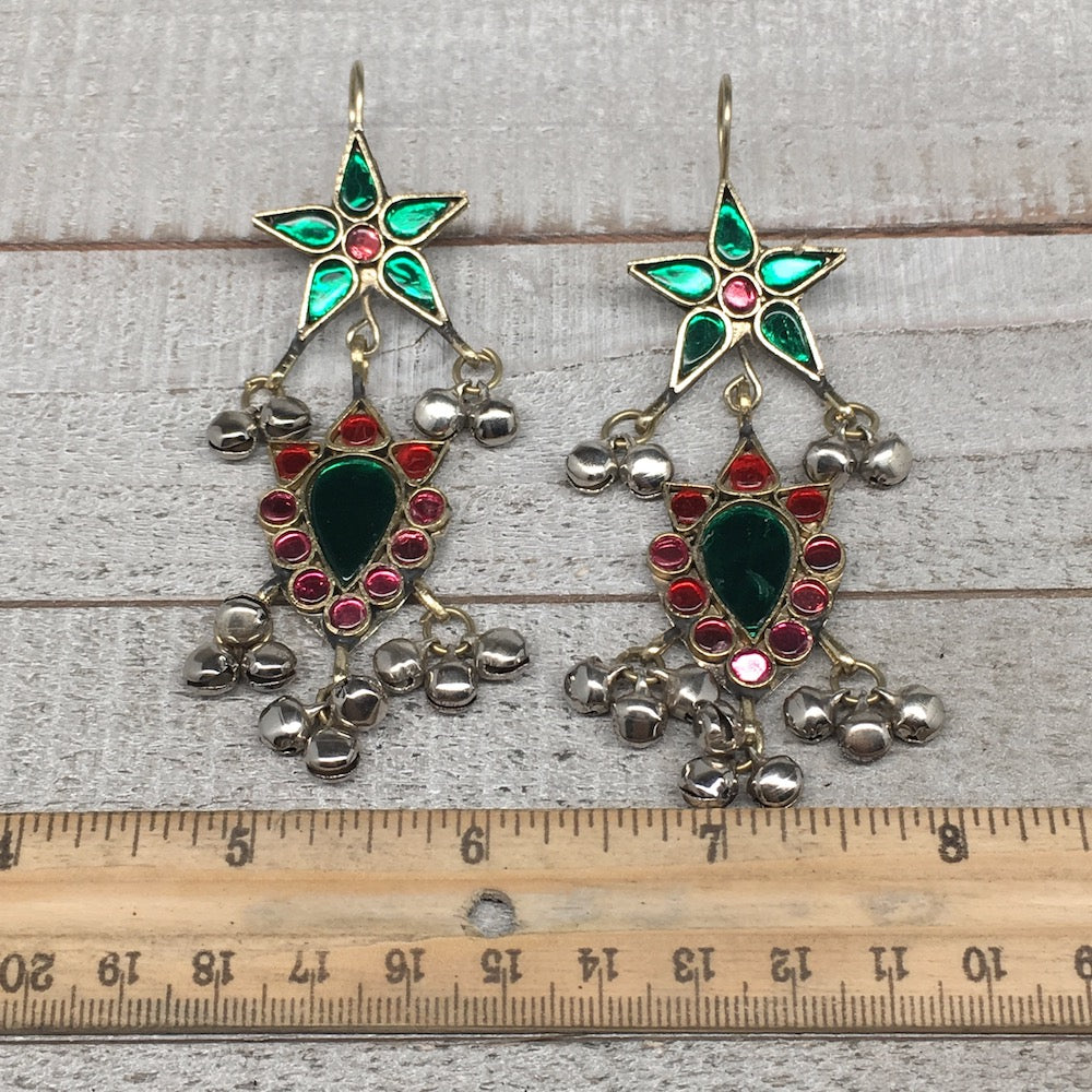 Kuchi Earring Afghan Tribal Green, Red Glass Jingle Bells Star Earring KE207 - watangem.com