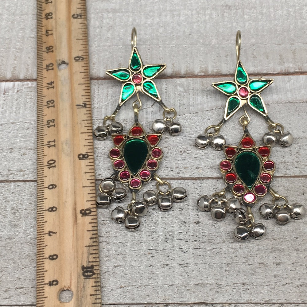 Kuchi Earring Afghan Tribal Green, Red Glass Jingle Bells Star Earring KE207 - watangem.com