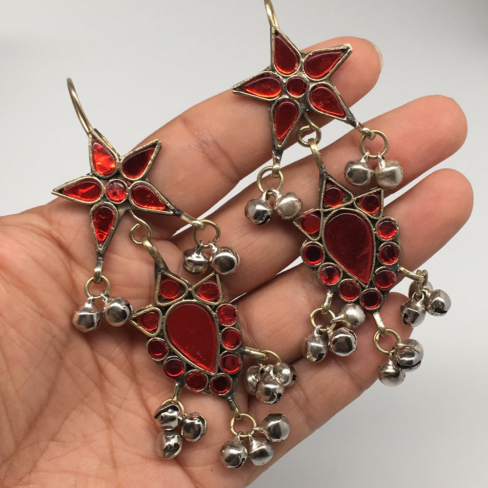 Kuchi Earring Afghan Tribal Fashion Red Glass Jingle Bells Star Earring KE208 - watangem.com