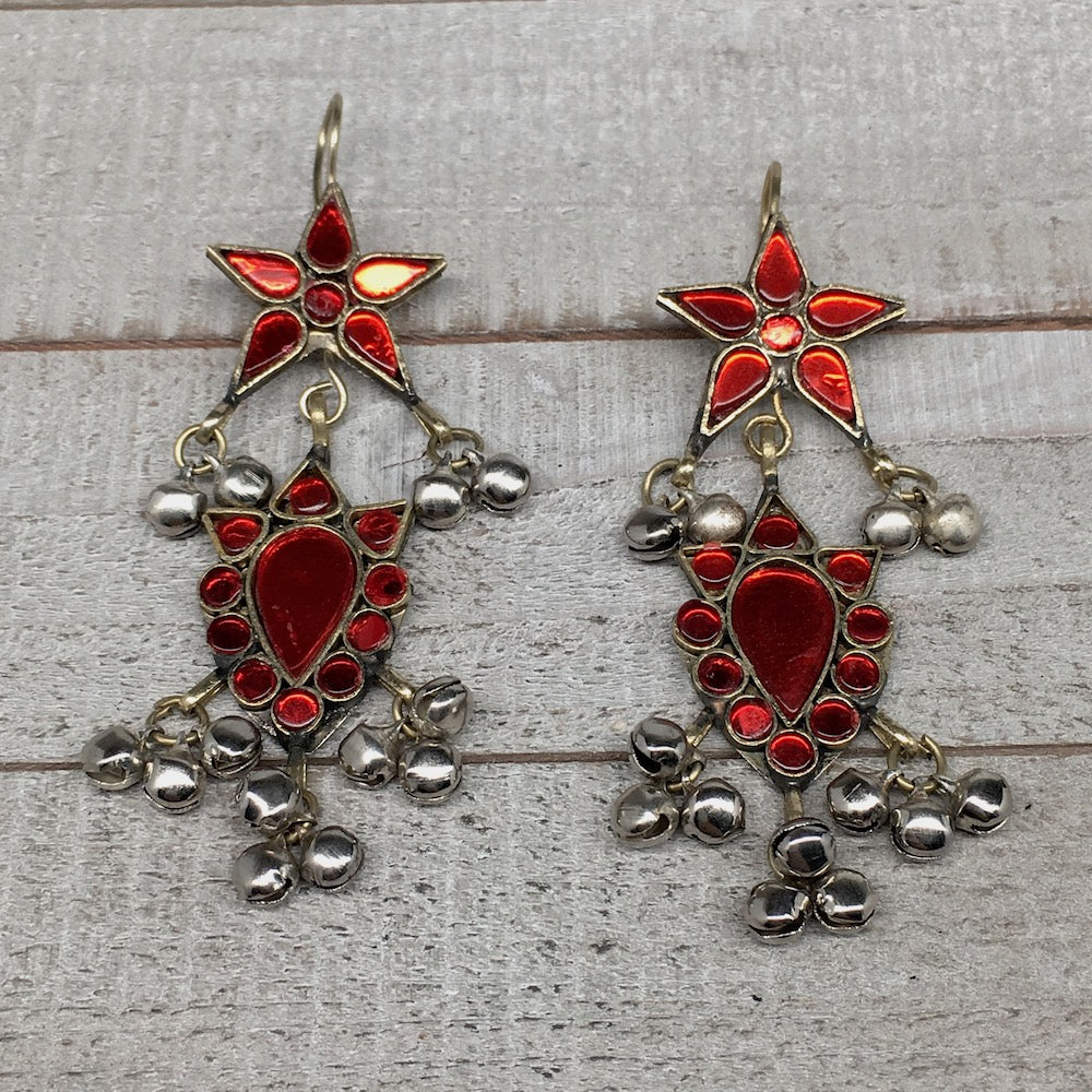 Kuchi Earring Afghan Tribal Fashion Red Glass Jingle Bells Star Earring KE208 - watangem.com