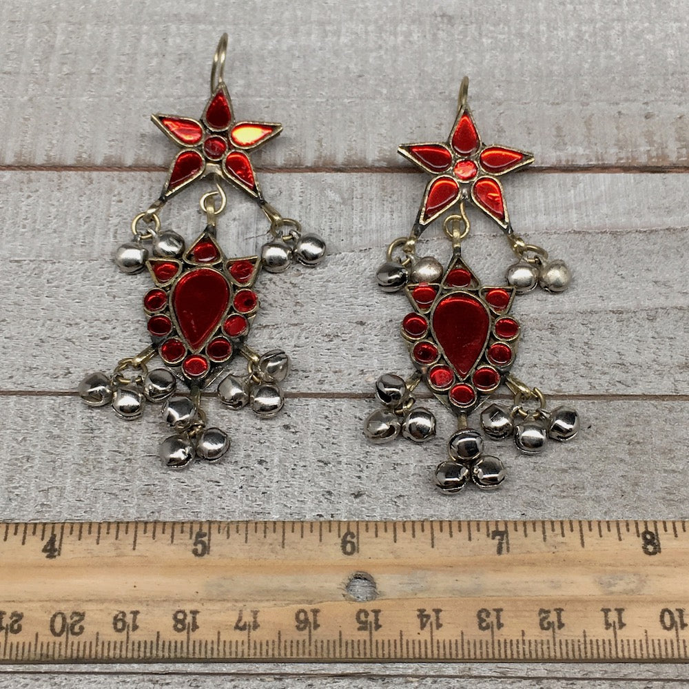 Kuchi Earring Afghan Tribal Fashion Red Glass Jingle Bells Star Earring KE208 - watangem.com