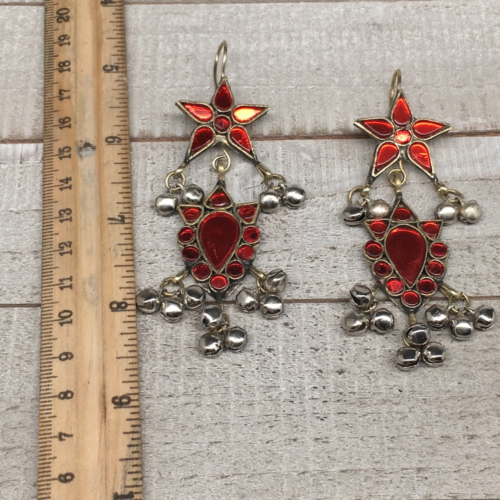 Kuchi Earring Afghan Tribal Fashion Red Glass Jingle Bells Star Earring KE208 - watangem.com