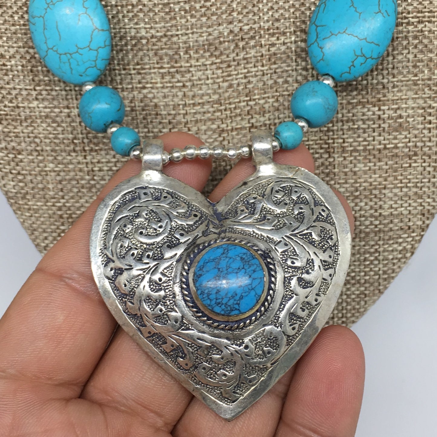 1pc,Turkmen Necklace Pendant Statement Tribal Turquoise Inlay Beaded,20-21",BN13