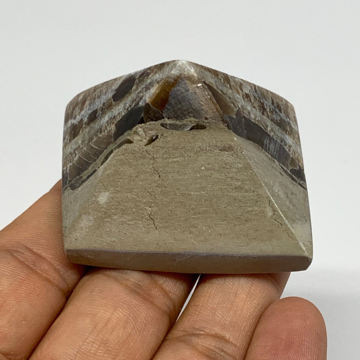 68.6g, 1.3"x1.8"x1.6" Chocolate/Gray Onyx Pyramid Gemstone @Morocco, B18957