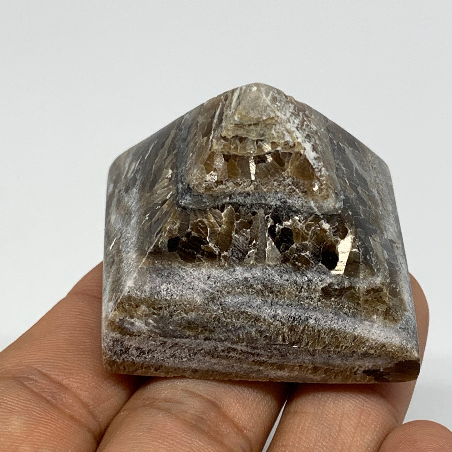 61.3g, 1.3"x1.5"x1.6" Chocolate/Gray Onyx Pyramid Gemstone @Morocco, B18966