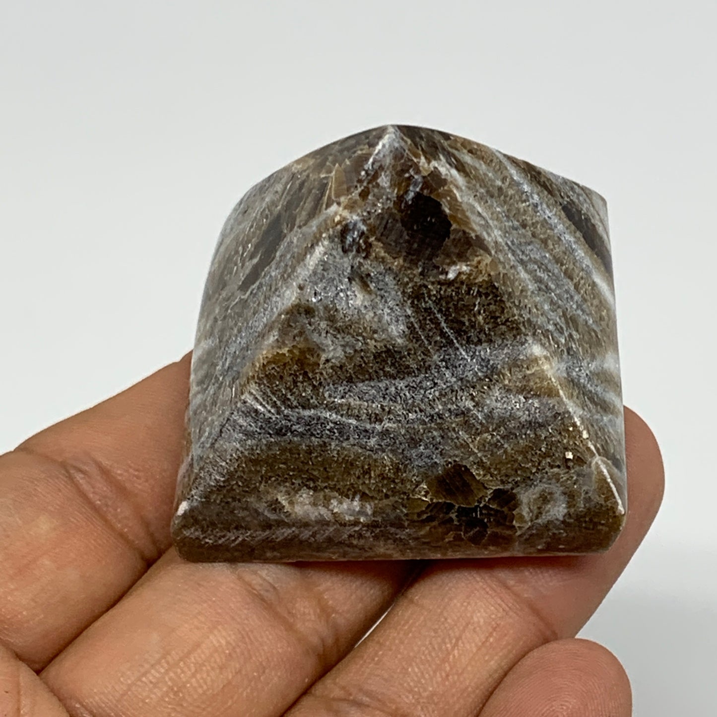 69.5g, 1.4"x1.6"x1.7" Chocolate/Gray Onyx Pyramid Gemstone @Morocco, B18974