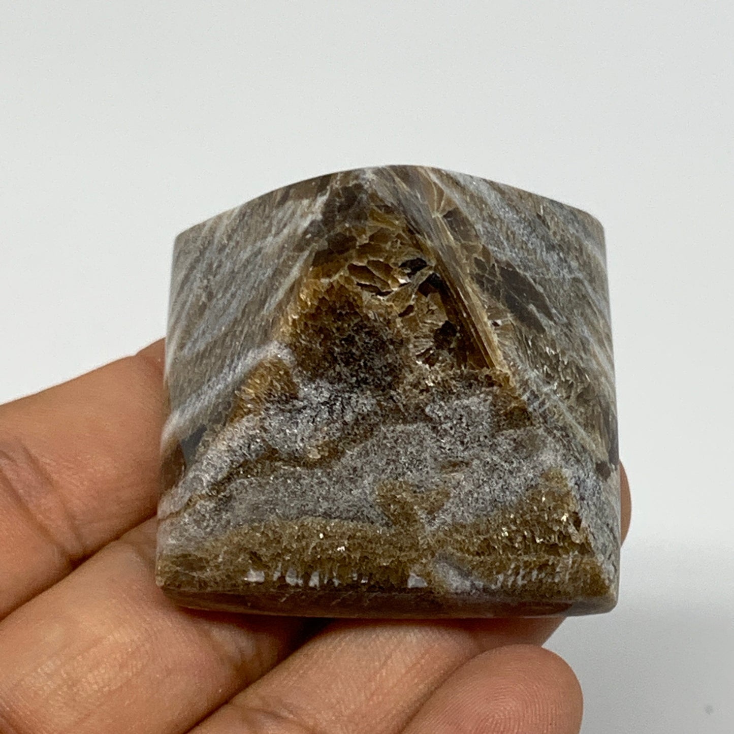 69.5g, 1.4"x1.6"x1.7" Chocolate/Gray Onyx Pyramid Gemstone @Morocco, B18974