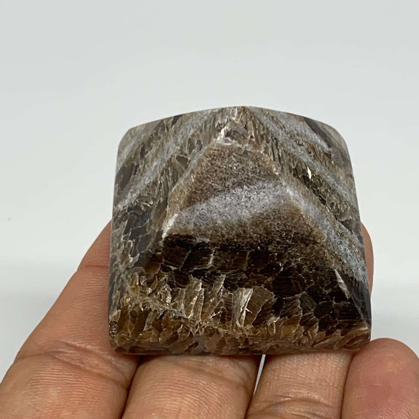 66.1g, 1.3"x1.6"x1.6" Chocolate/Gray Onyx Pyramid Gemstone @Morocco, B19005