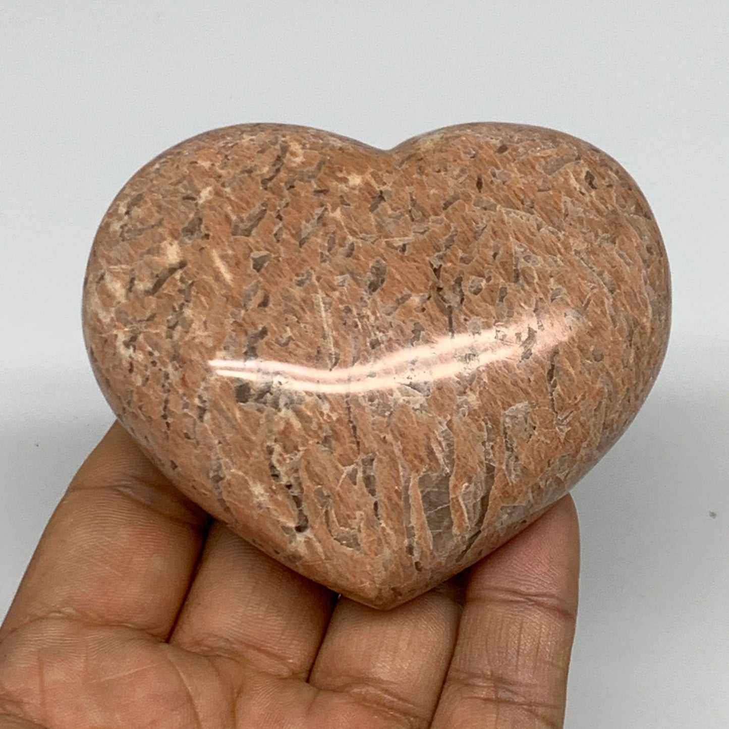 219.8g,2.7"x3.1"x1.2", Pink Peach Moonstone Heart Crystal Polished Reiki,B17479