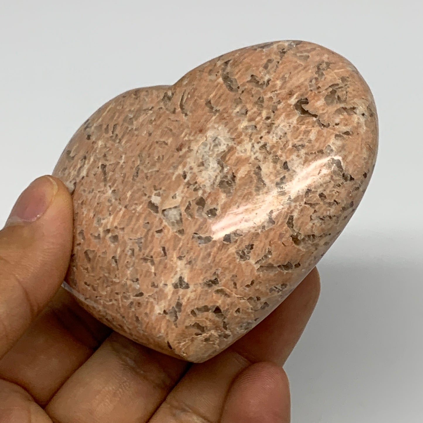 219.8g,2.7"x3.1"x1.2", Pink Peach Moonstone Heart Crystal Polished Reiki,B17479