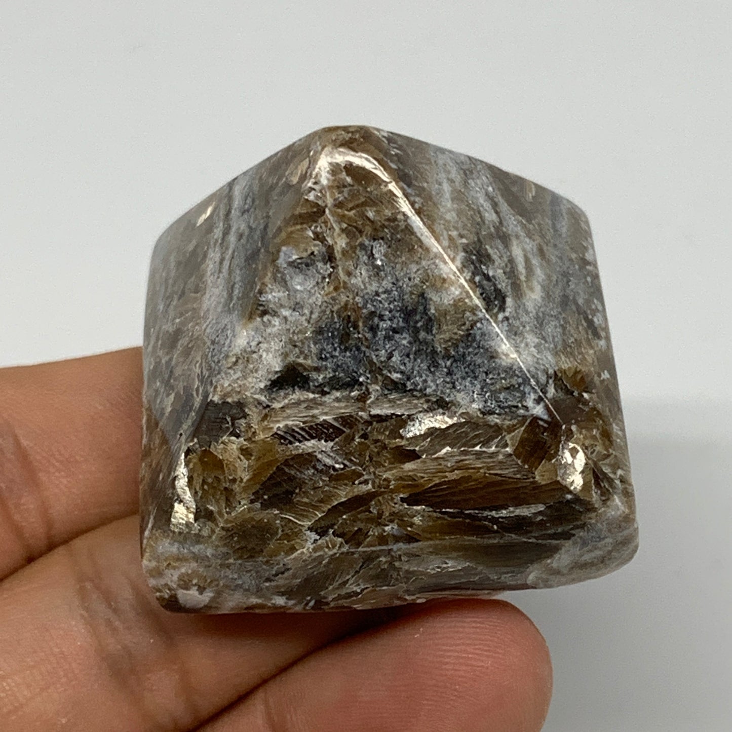 57.6g, 1.2"x1.7"x1.6" Chocolate/Gray Onyx Pyramid Gemstone @Morocco, B19024