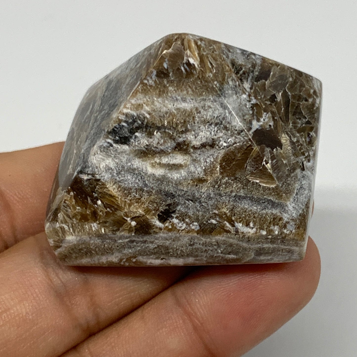 57.6g, 1.2"x1.7"x1.6" Chocolate/Gray Onyx Pyramid Gemstone @Morocco, B19024