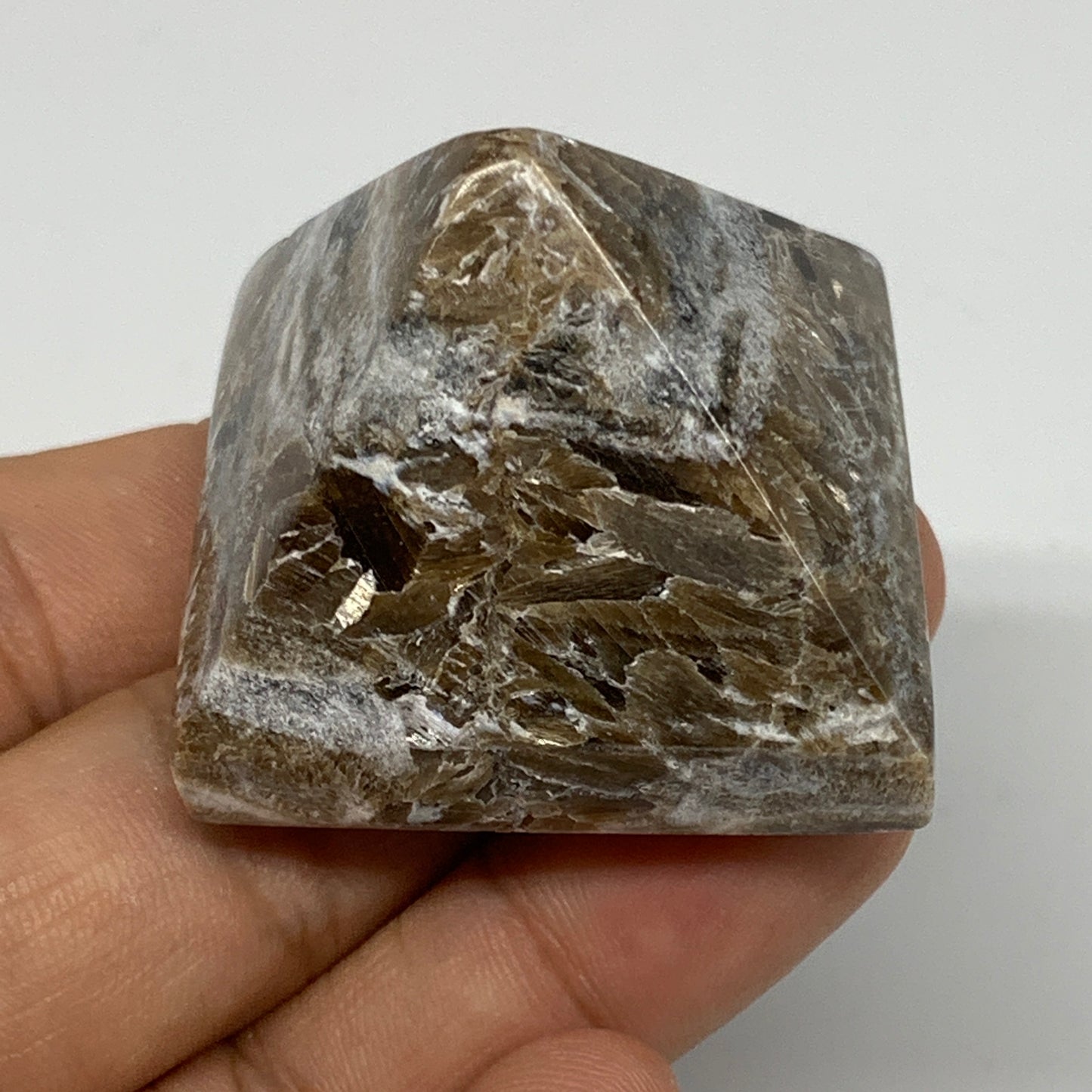 57.6g, 1.2"x1.7"x1.6" Chocolate/Gray Onyx Pyramid Gemstone @Morocco, B19024