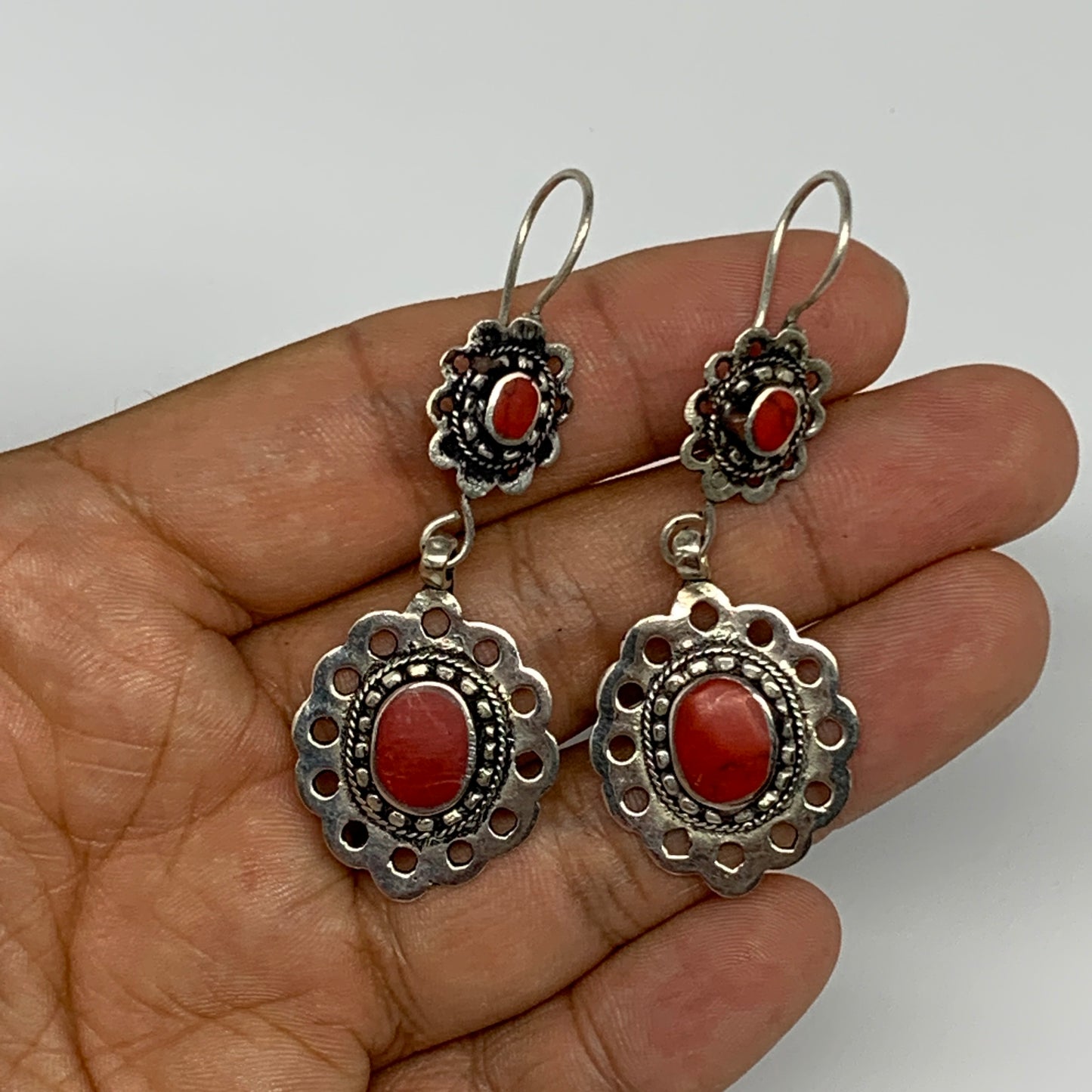 1pc, Handmade Turkmen Earring Tribal Jewelry Red Coral Inlay Oval Boho, B14195