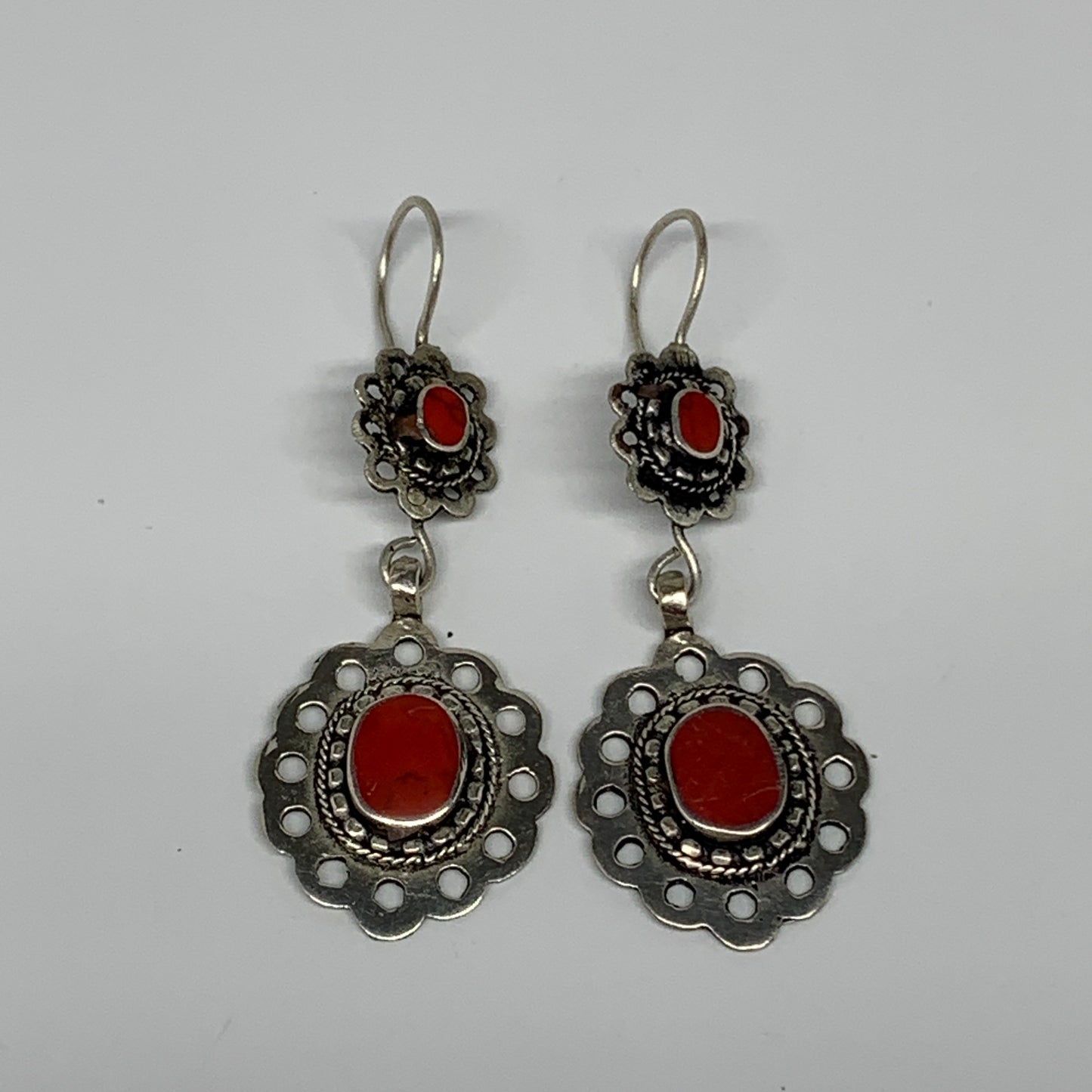 1pc, Handmade Turkmen Earring Tribal Jewelry Red Coral Inlay Oval Boho, B14195