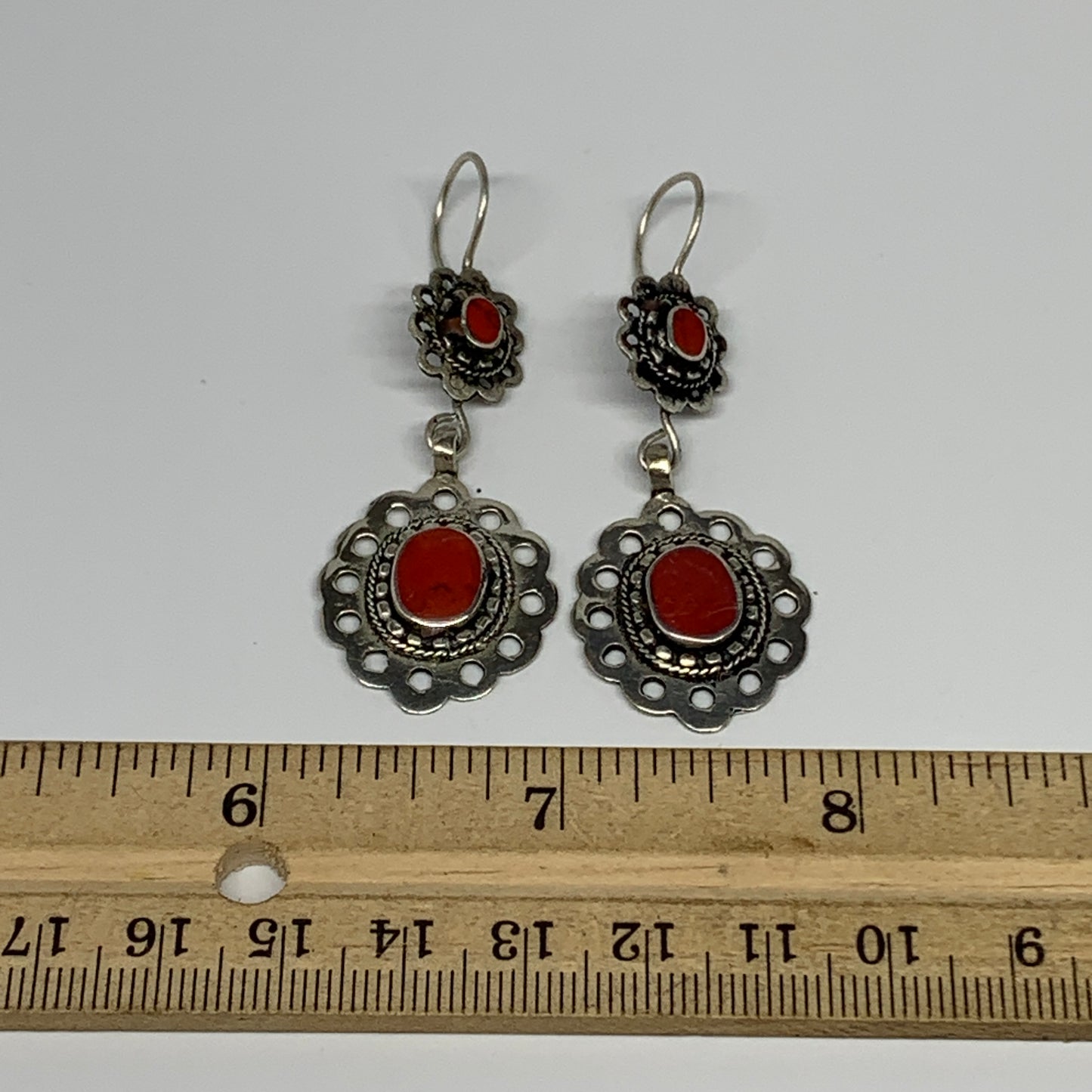 1pc, Handmade Turkmen Earring Tribal Jewelry Red Coral Inlay Oval Boho, B14195