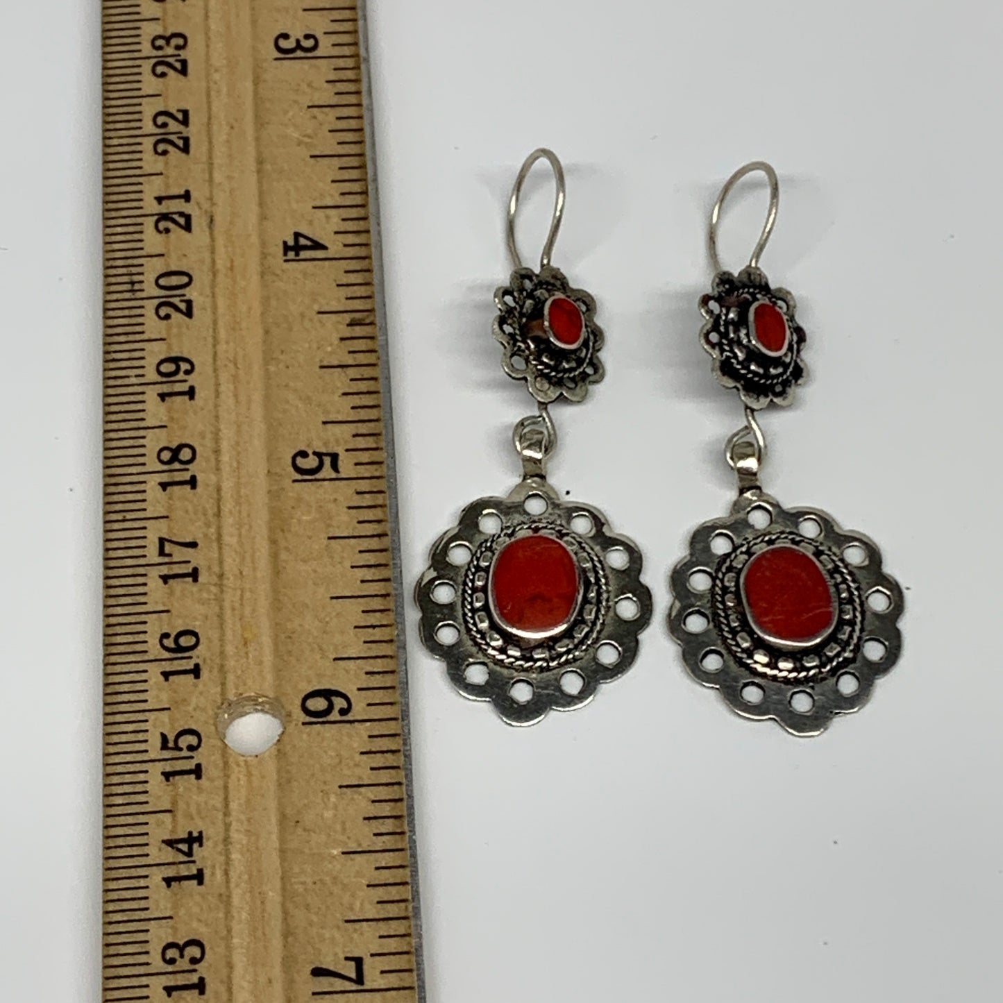 1pc, Handmade Turkmen Earring Tribal Jewelry Red Coral Inlay Oval Boho, B14195