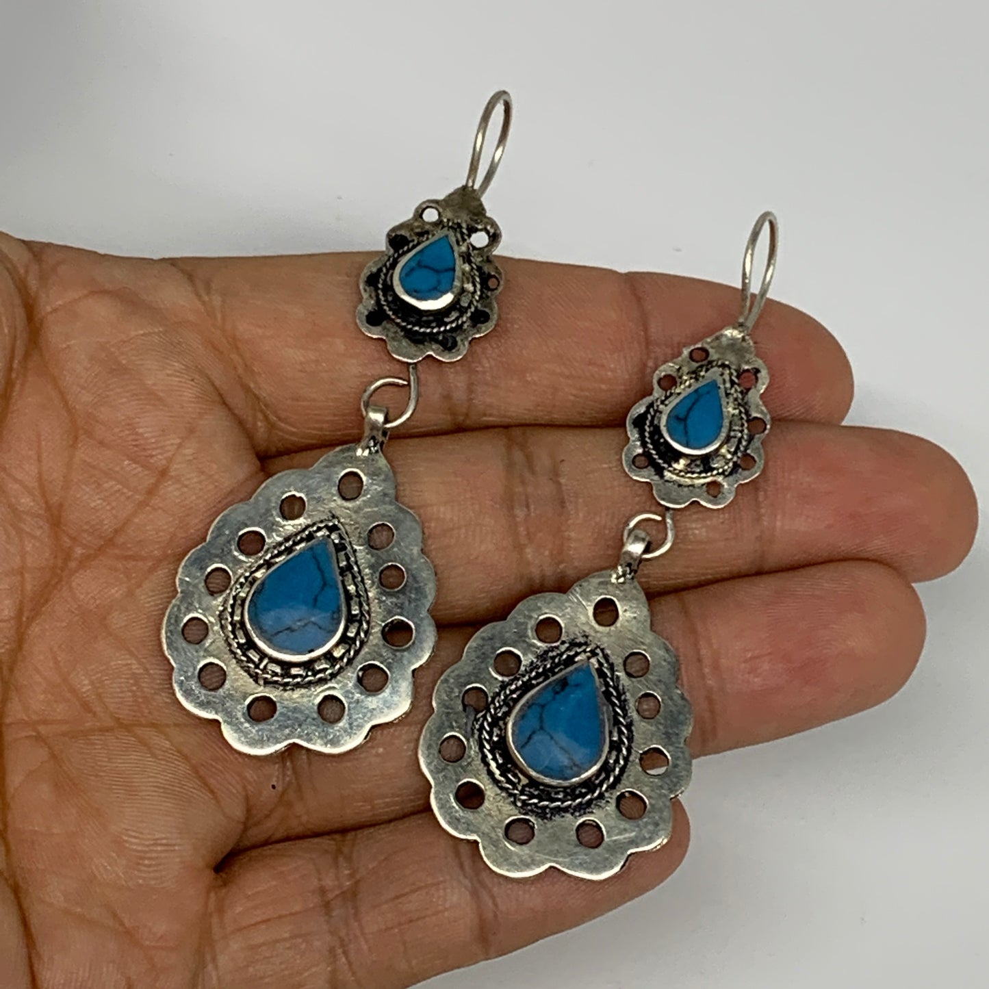 1pc, Handmade Turkmen Earring Tribal Jewelry Turquoise Inlay Drop Boho, B14199