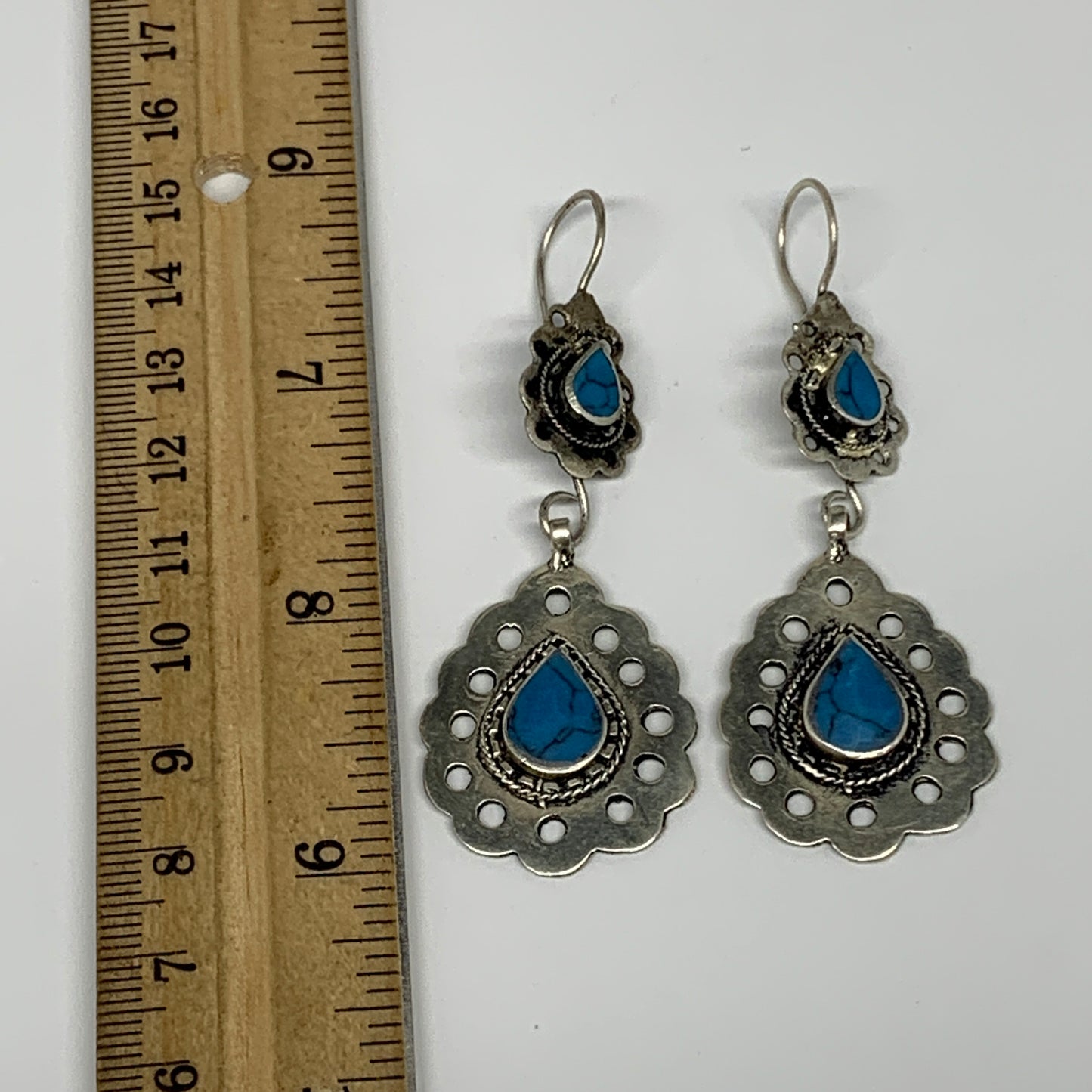 1pc, Handmade Turkmen Earring Tribal Jewelry Turquoise Inlay Drop Boho, B14199