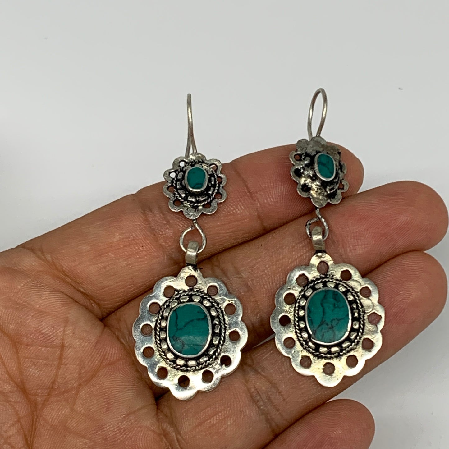 1pc, Handmade Turkmen Earring Tribal Jewelry Turquoise Inlay Oval Boho, B14205