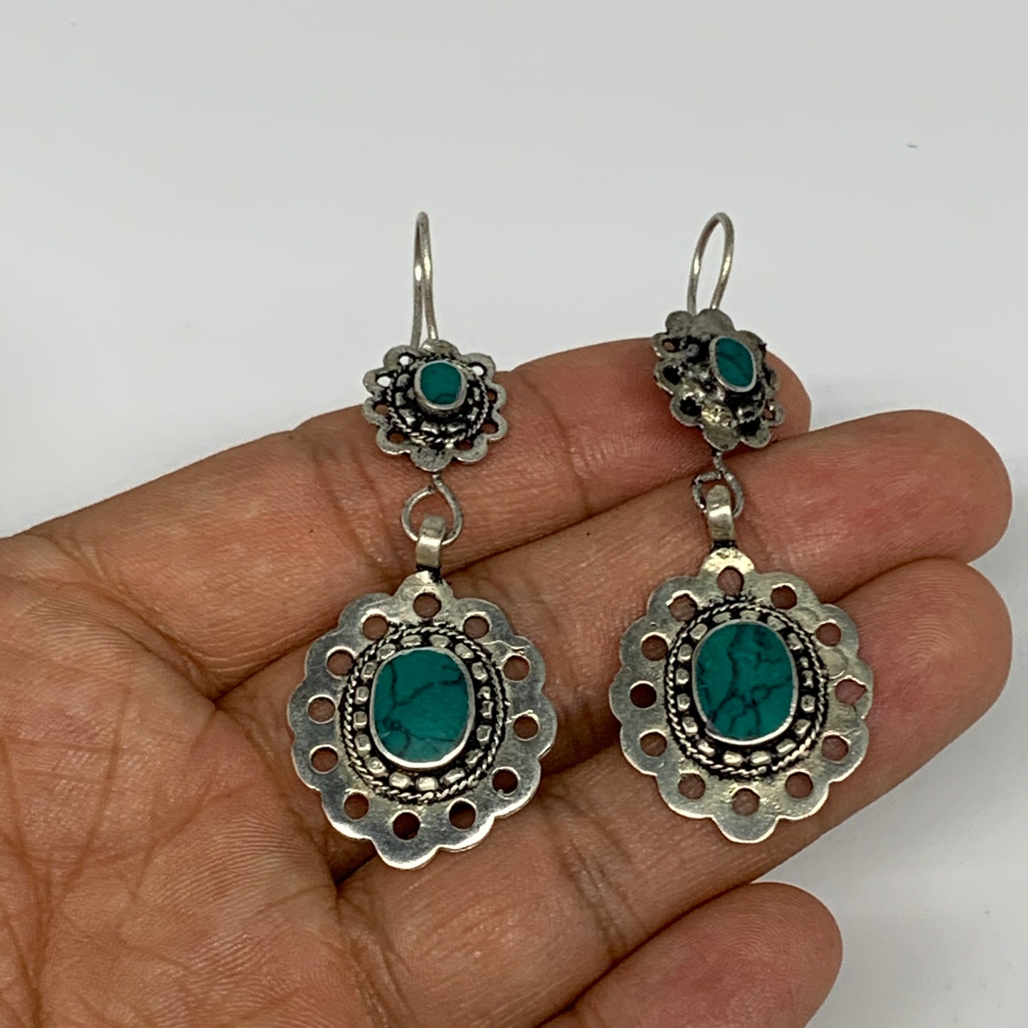 1pc, Handmade Turkmen Earring Tribal Jewelry Turquoise Inlay Oval Boho, B14205