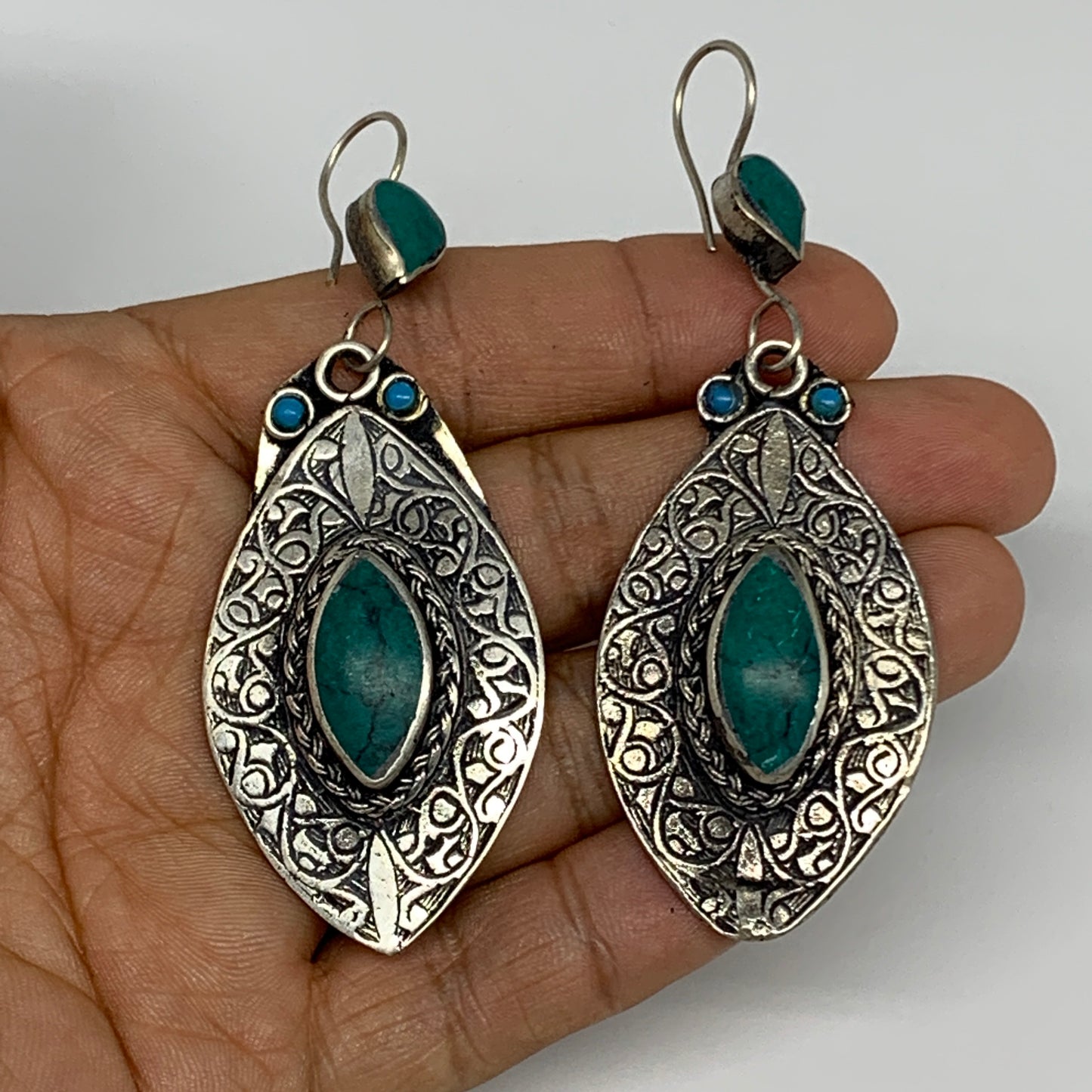 1pc, Handmade Turkmen Earring Tribal Jewelry Turquoise Inlay Marquise Boho, B142