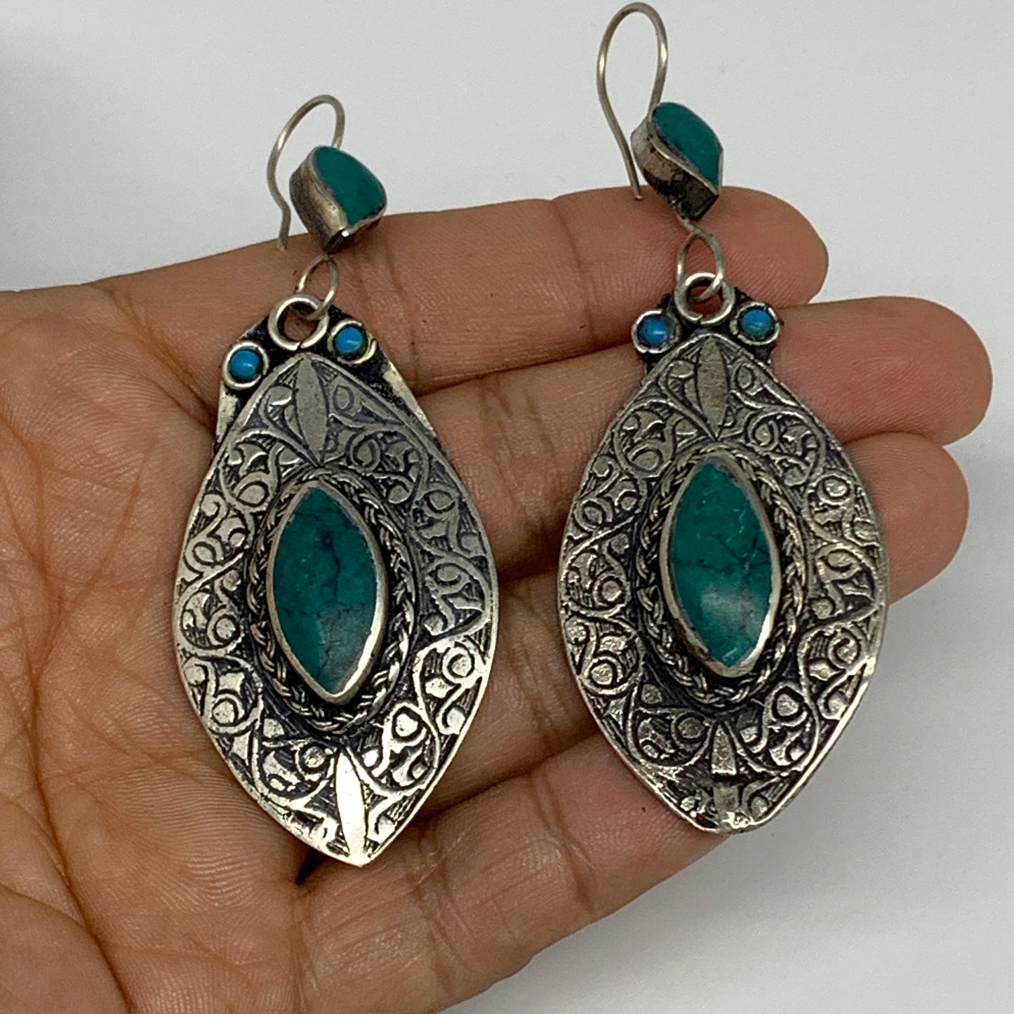 1pc, Handmade Turkmen Earring Tribal Jewelry Turquoise Inlay Marquise Boho, B142