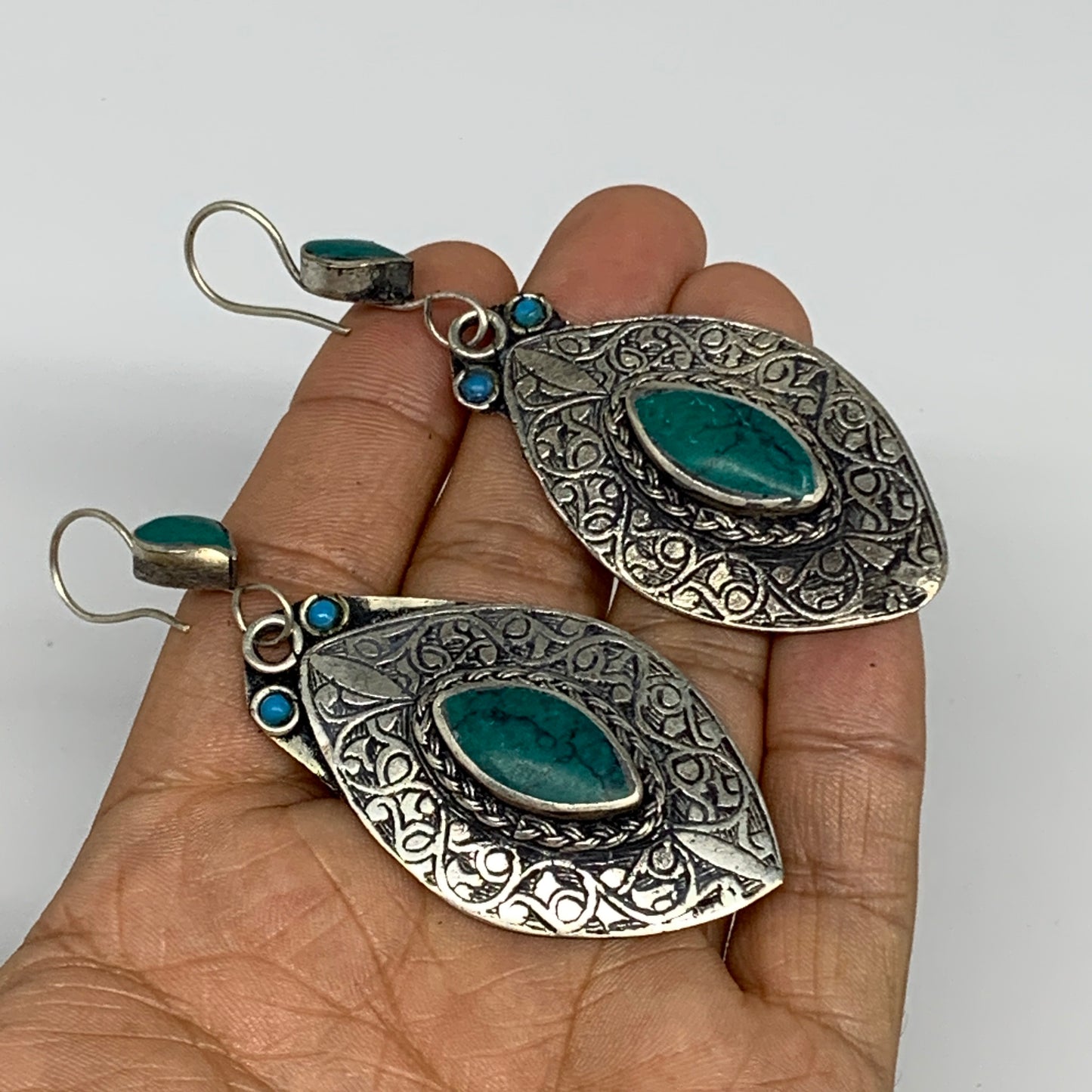 1pc, Handmade Turkmen Earring Tribal Jewelry Turquoise Inlay Marquise Boho, B142