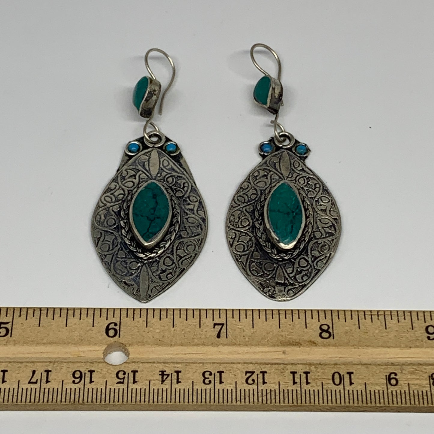 1pc, Handmade Turkmen Earring Tribal Jewelry Turquoise Inlay Marquise Boho, B142